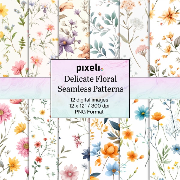 Delicate Floral Seamless Patterns - 12 seamless patterns digital papers commercial use digital download