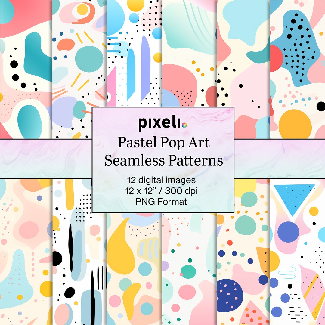 Pastel Pop Art - 12 Seamless Patterns Set Commercial Use Digital