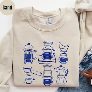 Sweat-shirt cafetière, pull méthodes de préparation du café, col rond barista, cadeau pour amateur de café, t-shirt café, t-shirt expresso