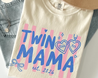Custom Twin Mom Shirt, Comfort Colors Twin Mama with Kids Names and Year, Gift for New Mother of Twins