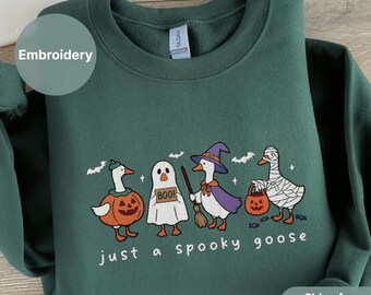 Embroidered spooky goose sweatshirt, Halloween goose crewneck, silly goose shirt, cozy fall embroidered sweater, witch goose pullover