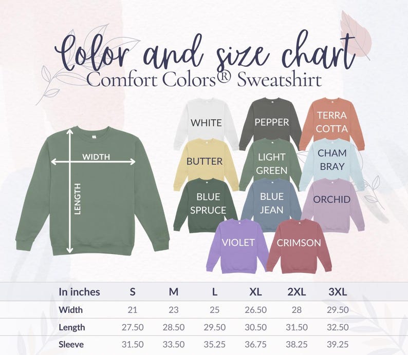 Op de afbeelding: Kleur- en maattabel voor Comfort Colors sweatshirts. De tabel toont verschillende kleuren, waaronder wit, boter, blauwspar, violet en karmozijn. De afmetingen zijn in inches voor breedte, lengte en mouwlengte, van maat S tot 3XL.