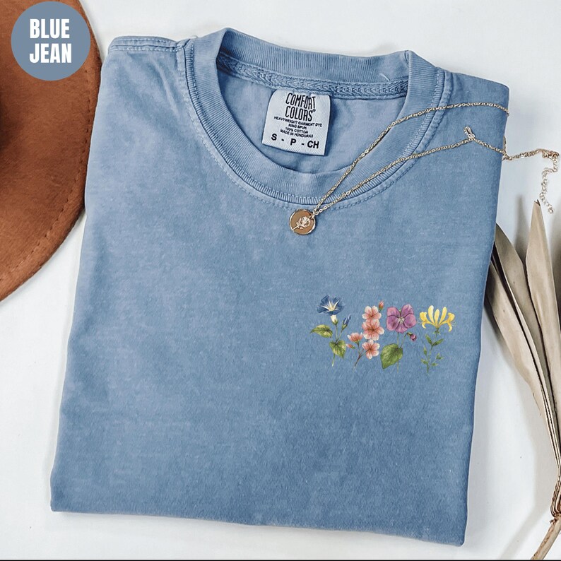 Custom Birth Flower Shirt, Comfort Colors Mom's Garden Tee with Initials, Mother's Day Gift Blue Jean
