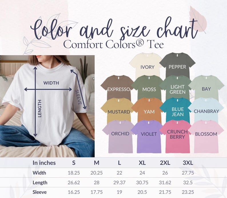 Op de afbeelding: Een witte Comfort Colors&reg; Tee wordt getoond met afmetingen in inches. De afbeelding toont een kleurenschema met verschillende shirtkleuren, waaronder Ivory, Pepper en Blue Jean. De tabel toont ook de breedte, lengte en mouwmaten voor de maten S tot 3XL.