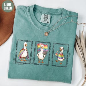 May include: Light green Comfort Colors t-shirt with three cartoon goose illustrations in postage stamp frames. Each goose has rainbow accessories: a cape, flag, and drink, celebrating pride. The shirt has a small tag.