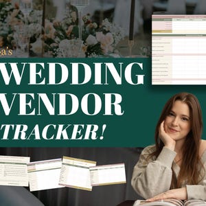 Könnte beinhalten: Ein digitaler Hochzeitsanbieter-Tracker mit grünem und weißem Design. Der Text "WEDDING VENDOR TRACKER!" wird in großen weißen Buchstaben angezeigt. Eine Frau sitzt im Bild, und mehrere Beispiel-Tracker-Seiten sind sichtbar.