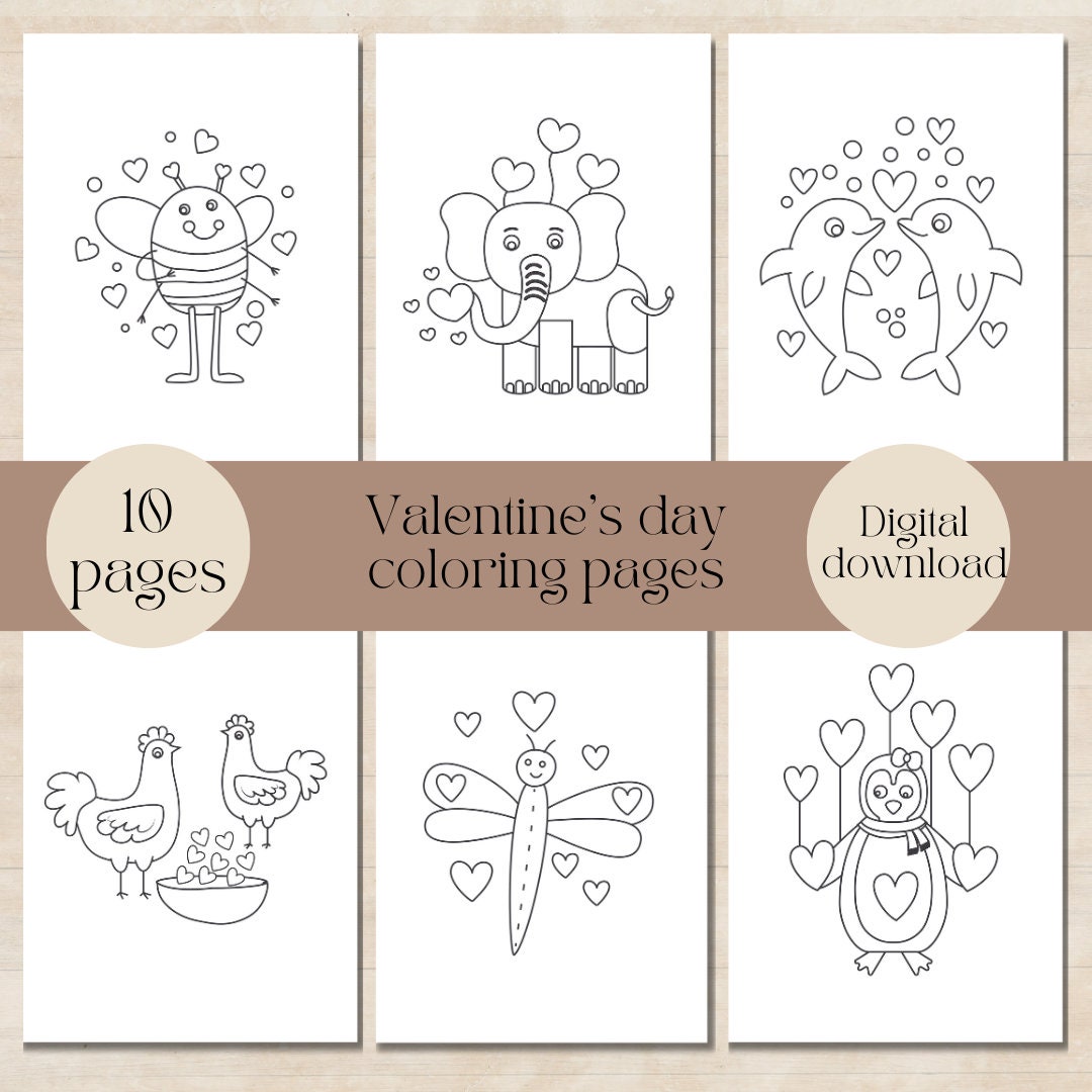 Valentine's Day Animal Coloring Pages for Kids (printable PDF) - Etsy