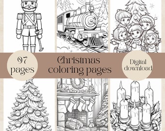 May include: A set of 97 black and white Christmas coloring pages. The pages feature images of a toy soldier, a train, children around a Christmas tree, a fireplace with stockings, and a candle wreath.