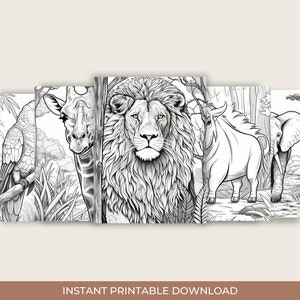 K&ouml;nnte beinhalten: Ein Satz von f&uuml;nf Schwarzwei&szlig;-Malvorlagen zum Ausdrucken mit einem L&ouml;wen, einer Giraffe, einem Papagei, einem Nashorn und einem Elefanten in einer Dschungelkulisse. Die Seiten sind zum Ausdrucken und Ausmalen bereit.
