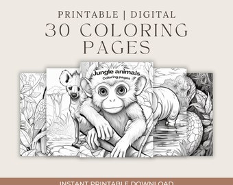 Jungle Animals Coloring Pages, 30 Printable Sheets (Digital Download)