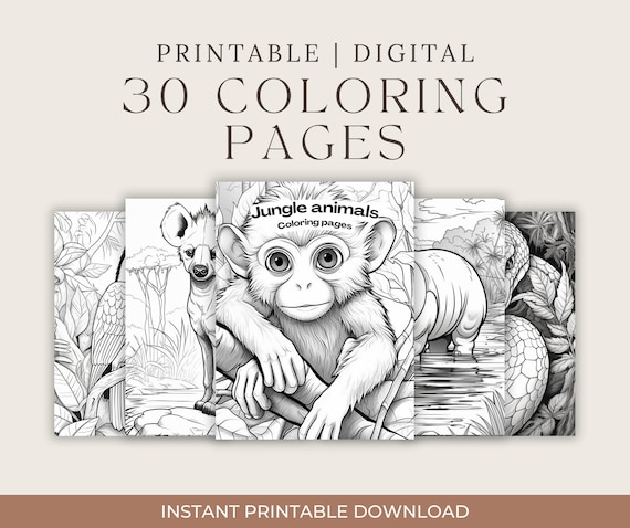 Jungle Animals Coloring Pages, 30 Printable Sheets (Digital Download)