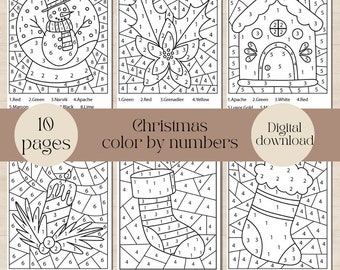 Christmas Color by Number Pages, Holiday Activity (Printable PDF)
