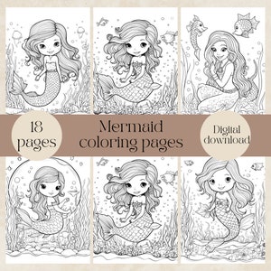Mermaid coloring book for kids, printable and instant download