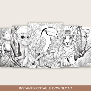 K&ouml;nnte beinhalten: Schwarz-wei&szlig;-Malvorlagen mit einem Tukan, einem Affen, einem Frosch, einem Tiger und einem Papagei in einer Dschungelkulisse. Die Tiere sind von Bl&auml;ttern und Ranken umgeben.