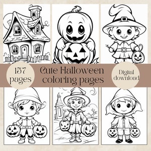 Cute Halloween coloring pages for kids, printable Halloween coloring book for kids, digital coloring book
