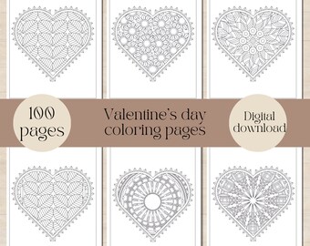 Può includere: Sei pagine da colorare di San Valentino con disegni a forma di cuore. Ogni cuore presenta un motivo unico, tra cui foglie, fiori e forme geometriche. L'immagine include il testo "100 pagine", "pagine da colorare di San Valentino" e "Download digitale".