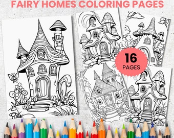 Fairy Homes Coloring Pages for Kids, Fantasy Grayscale (PDF Pattern)