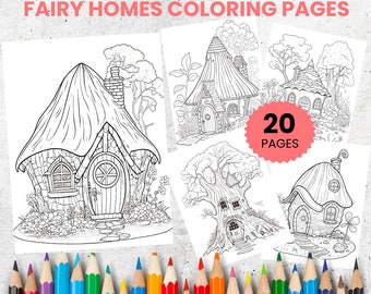 Fairy House Coloring Pages, Fantasy Grayscale, Kids and Adults (Digital Download)