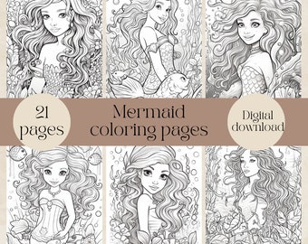 Mermaid coloring book for kids and adults, digital download