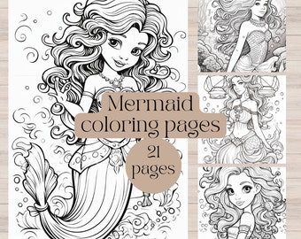 Mermaid Coloring Book for Kids and Adults, 21 Printable Pages (Digital Download)