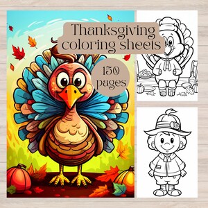 Happy Thanksgiving coloring sheets for kids, 150 pages, instant download.