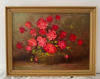 Peinture originale vintage pour un paysage de table avec des fleurs, nature morte | Signé et encadré