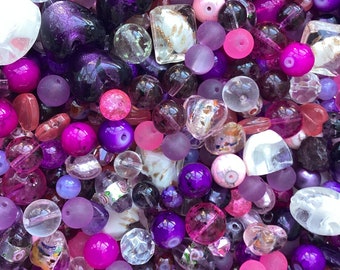 Large 150g Glass Beads Pink Purple Burgundy & Clear Mix Bead Pack various sizes 5-25mm with 2m Crystal Clear Bead Thread