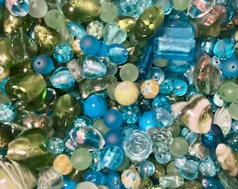Large 150g Glass Beads Turquoise & Green Mix Bead Pack various sizes 5-25mm with 2m Crystal Clear Bead Thread
