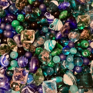 50g Glass Bead Pack Mix Teal, Green & Blue bead sizes 5-20mm