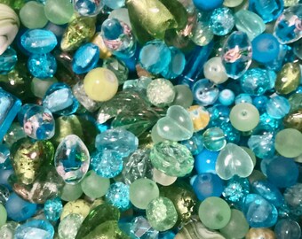 50g Glass Bead Pack Turquoise & Green mix bead sizes 5-20mm