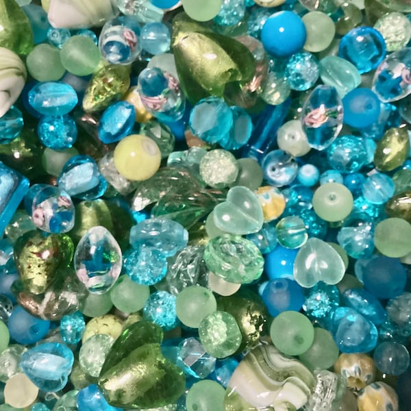 50g Glass Bead Pack Turquoise & Green mix bead sizes 5-20mm