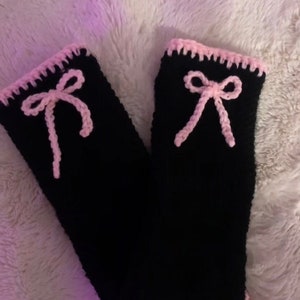 Coquette arm warmers/hand warmers, cute fall/winter accessories/ black arm warmers with pink bow