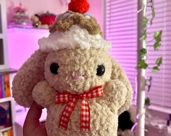 READY TO SHIP Ice Cream Sundae Bunny Plushie–Kawaii Handmade Crochet Rabbit with toppings, Cute Celebration Gift, Soft Plushie with bow