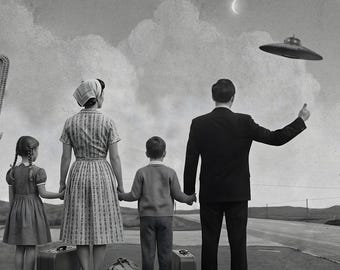 Retro UFO Wall Art - 1950s Sci-Fi Family Hitchhiking Vintage Photography Print
