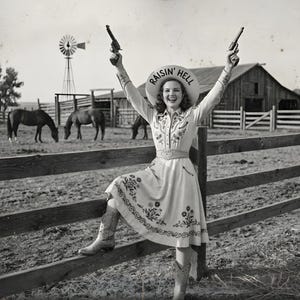 A vintage style black and white photograph of a smiling cowgirl standing with one boot propped on a wooden fence. She is triumphantly holding two revolvers in the air, and the underside of her cowboy hat reads "RAISIN' HELL". A classic ranch scene with horses, a windmill, and a wooden barn is in the background.