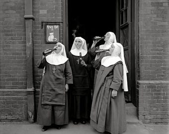 Funny Vintage Nuns Drinking Beer and Smoking Art - Whimsical Bar and Pub Photo