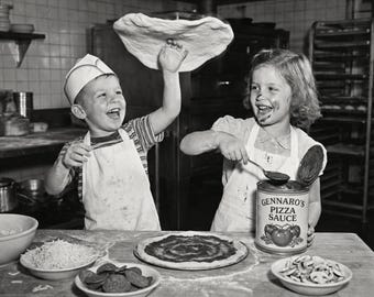 Vintage Kids Making Pizza: Retro Italian Kitchen Decor Baking Photography Print