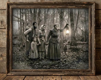 Puede incluir: Una impresión en blanco y negro enmarcada muestra a una familia caminando por un bosque. Una mujer sostiene una linterna, guiando al grupo. La imagen está ambientada en un bosque oscuro con un marco de madera, evocando historia y lucha.