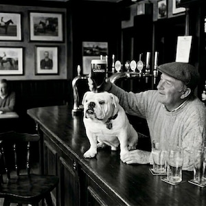 Vintage-style black and white photo of an English Bulldog balanced perfectly on an antique wooden pub bar counter. The dog holds a pint glass of dark stout on its flat head. A man in a flat cap stands beside the bulldog, looking on with pride. A traditional bar with beer taps and equestrian-themed photos is visible in the background.