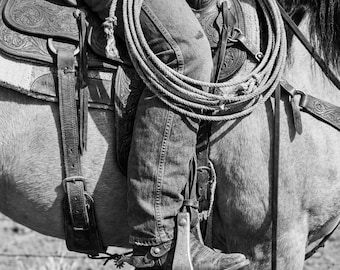 Cowboy Roping Art : Western Saddle Print - Black and White Ranch Decor
