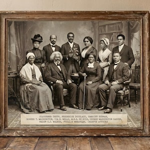 A sepia-toned vintage-style group portrait of ten famous African American historical figures. The image features Sojourner Truth, Frederick Douglass, Harriet Tubman, and Booker T. Washington seated in the front, with Ida B. Wells, W.E.B. Du Bois, George Washington Carver, Madam C.J. Walker, Phillis Wheatley, and Crispus Attucks standing behind them. A label at the bottom lists their names.