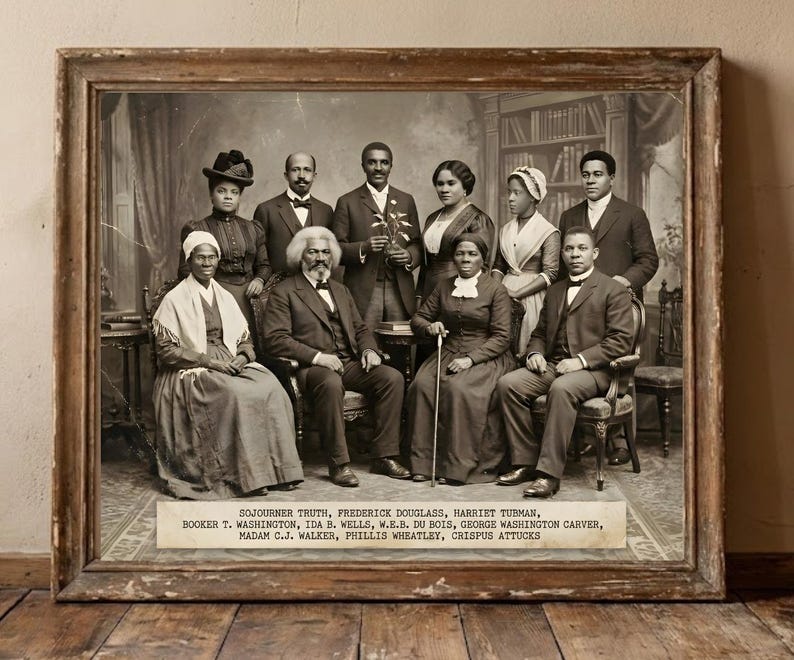 A sepia-toned vintage-style group portrait of ten famous African American historical figures. The image features Sojourner Truth, Frederick Douglass, Harriet Tubman, and Booker T. Washington seated in the front, with Ida B. Wells, W.E.B. Du Bois, George Washington Carver, Madam C.J. Walker, Phillis Wheatley, and Crispus Attucks standing behind them. A label at the bottom lists their names.