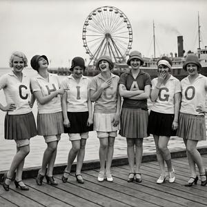 A joyous vintage black and white photograph of seven smiling women standing on a wooden pier in front of a Ferris wheel. They are wearing 1920s flapper-style skirts and hats, and their shirts collectively spell out "CHICAGO," capturing a fun moment at Navy Pier.