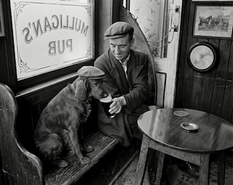Funny Dog in Irish Pub Art - Vintage Man and Dog Beer Photo