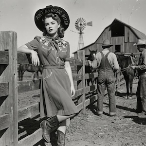 May include: A black and white photograph of a woman in a red dress and cowboy boots, leaning against a wooden fence. She wears a hat with the text "Ain't No Basic Bitch". Behind her are horses, a barn, and two men.