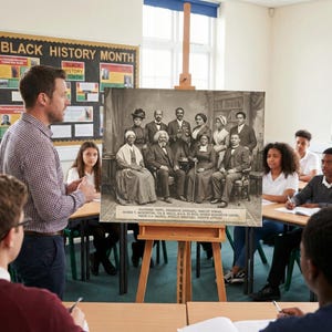 May include: A classroom scene with a teacher presenting a sepia-toned portrait of historical figures on an easel. The portrait is labeled with names. Students are seated at desks, and a "Black History Month" display is visible.