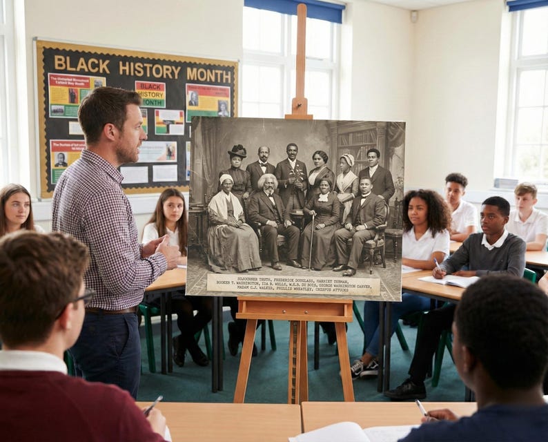 May include: A classroom scene with a teacher presenting a sepia-toned portrait of historical figures on an easel. The portrait is labeled with names. Students are seated at desks, and a "Black History Month" display is visible.