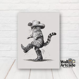 May include: A black and white illustration of a cat wearing a cowboy hat and boots, kicking up its heels in a line dancing pose.