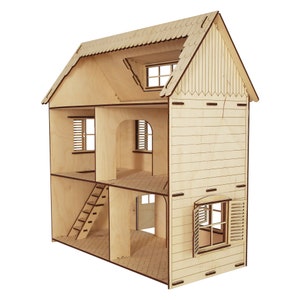 May include: A wooden dollhouse with a whitewashed finish. The dollhouse has three floors, a gabled roof, and several windows. The dollhouse is unassembled and ready to be built.