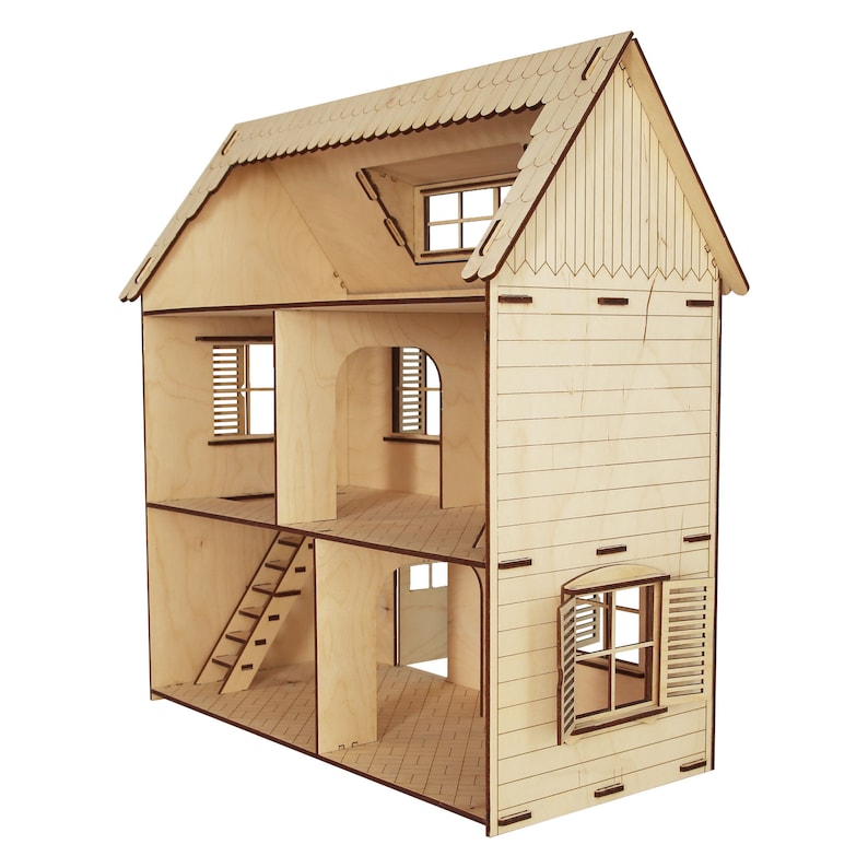 May include: A wooden dollhouse with a whitewashed finish. The dollhouse has three floors, a gabled roof, and several windows. The dollhouse is unassembled and ready to be built.